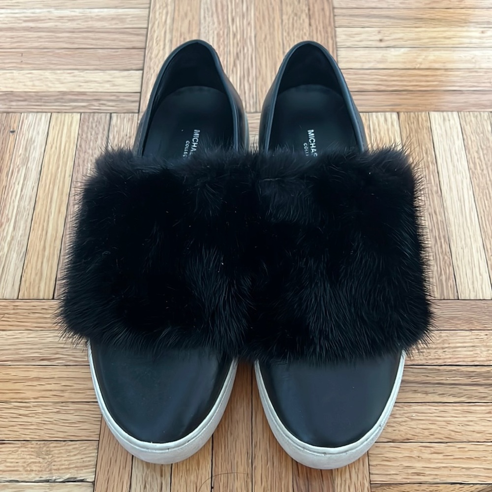 Michael Kors Collection Leather Rabbit Fur Slip On